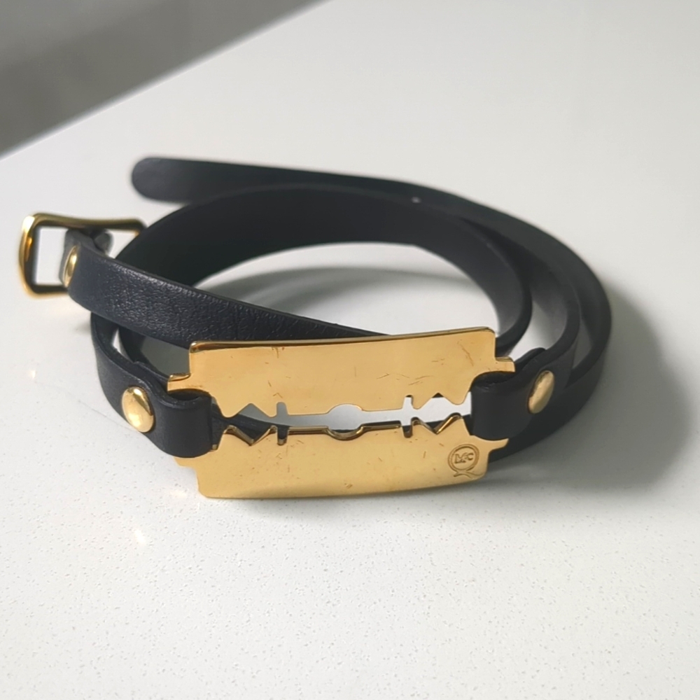 Alexander McQueen Black and Gold Triple Wrap Razor Leather Bracelet
